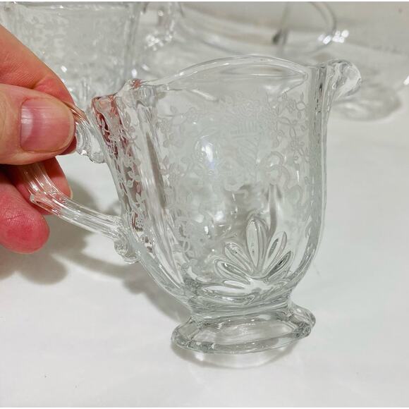 Fostoria Corsage Pattern Clear Etched Crystal Creamer Sugar Bowl & Relish Dish - Picture 9 of 13